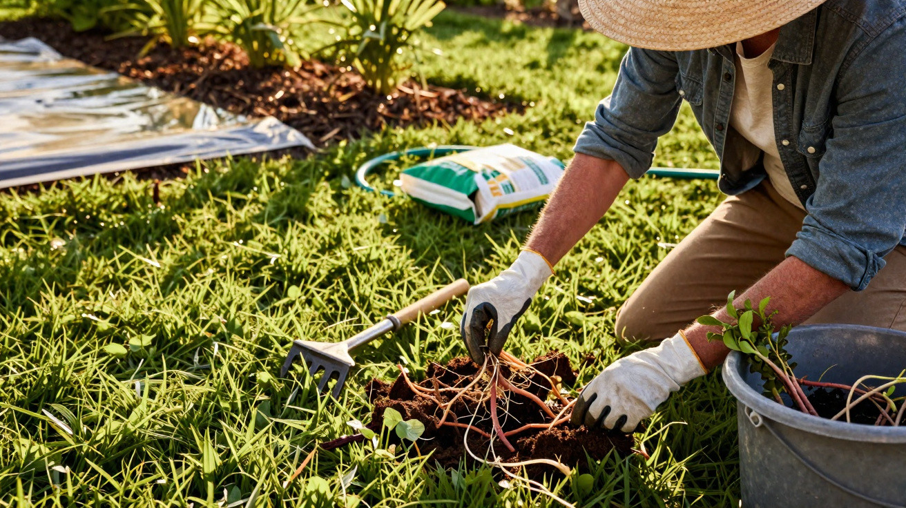 Pessoa a transplantar plantas num jardim, com ferramentas e saco de terra ao fundo.