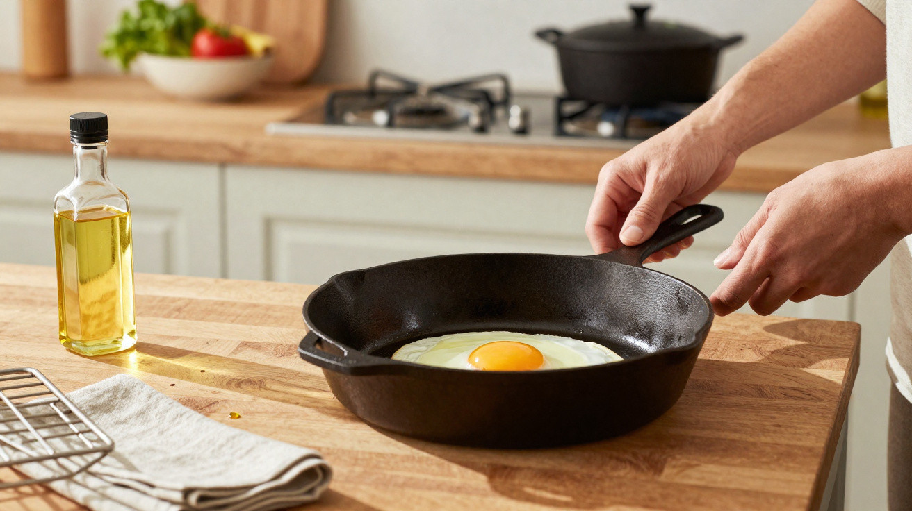 Ovos estrelados a cozinhar numa frigideira de ferro numa cozinha moderna com garrafa de óleo ao lado.