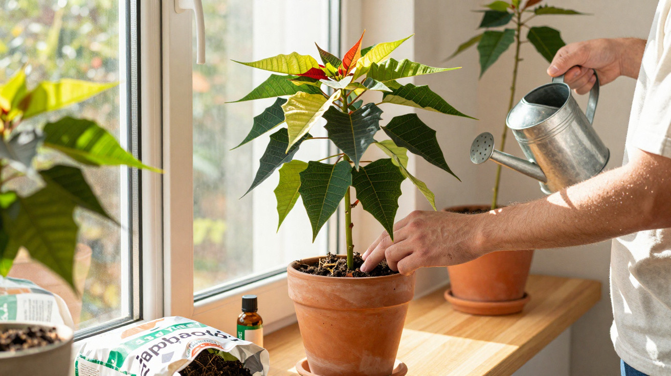 Pessoa a regar planta com vaso de barro numa janela com luz natural, ambiente interior tranquilo.