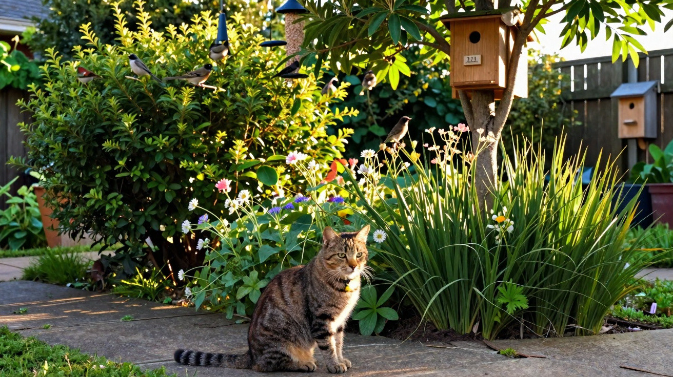 Gato tigrado sentado num jardim com flores, arbustos e comedouros para pássaros ao fundo.