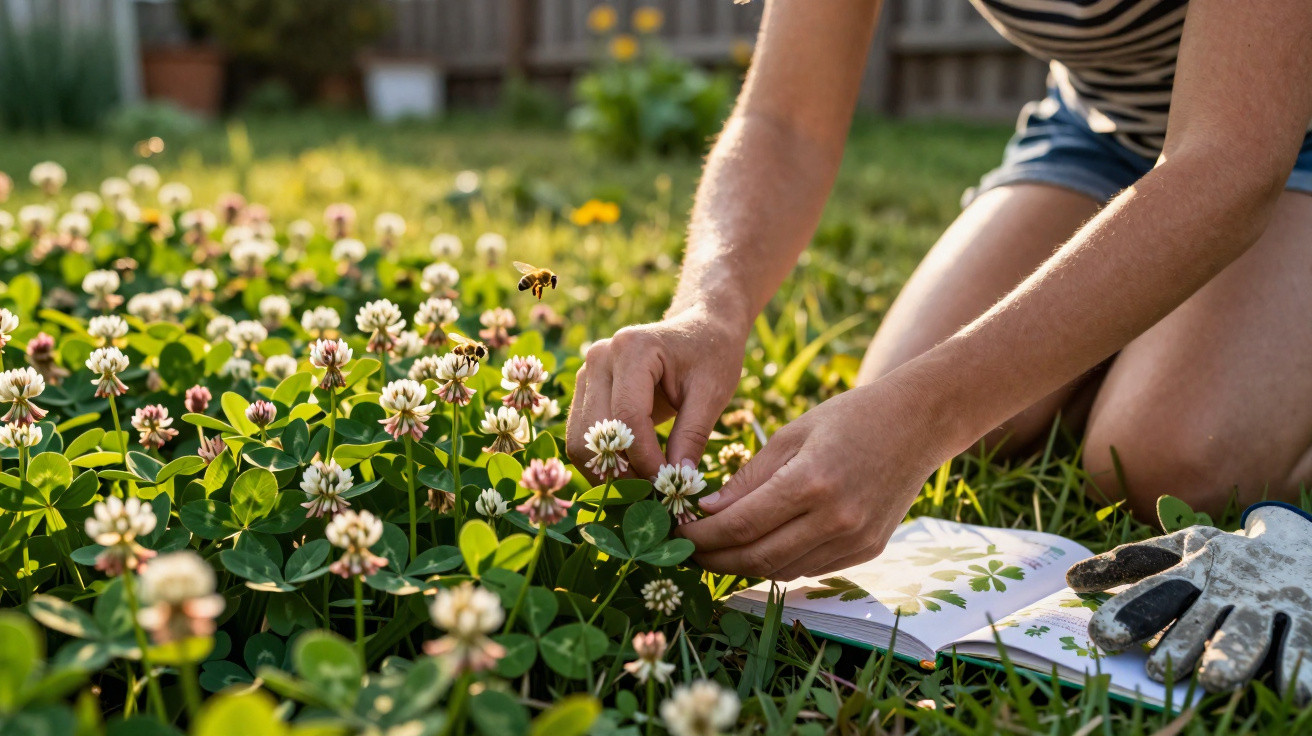 Pessoa examinando flores brancas num campo com livro de botânica e luvas de jardinagem ao lado.