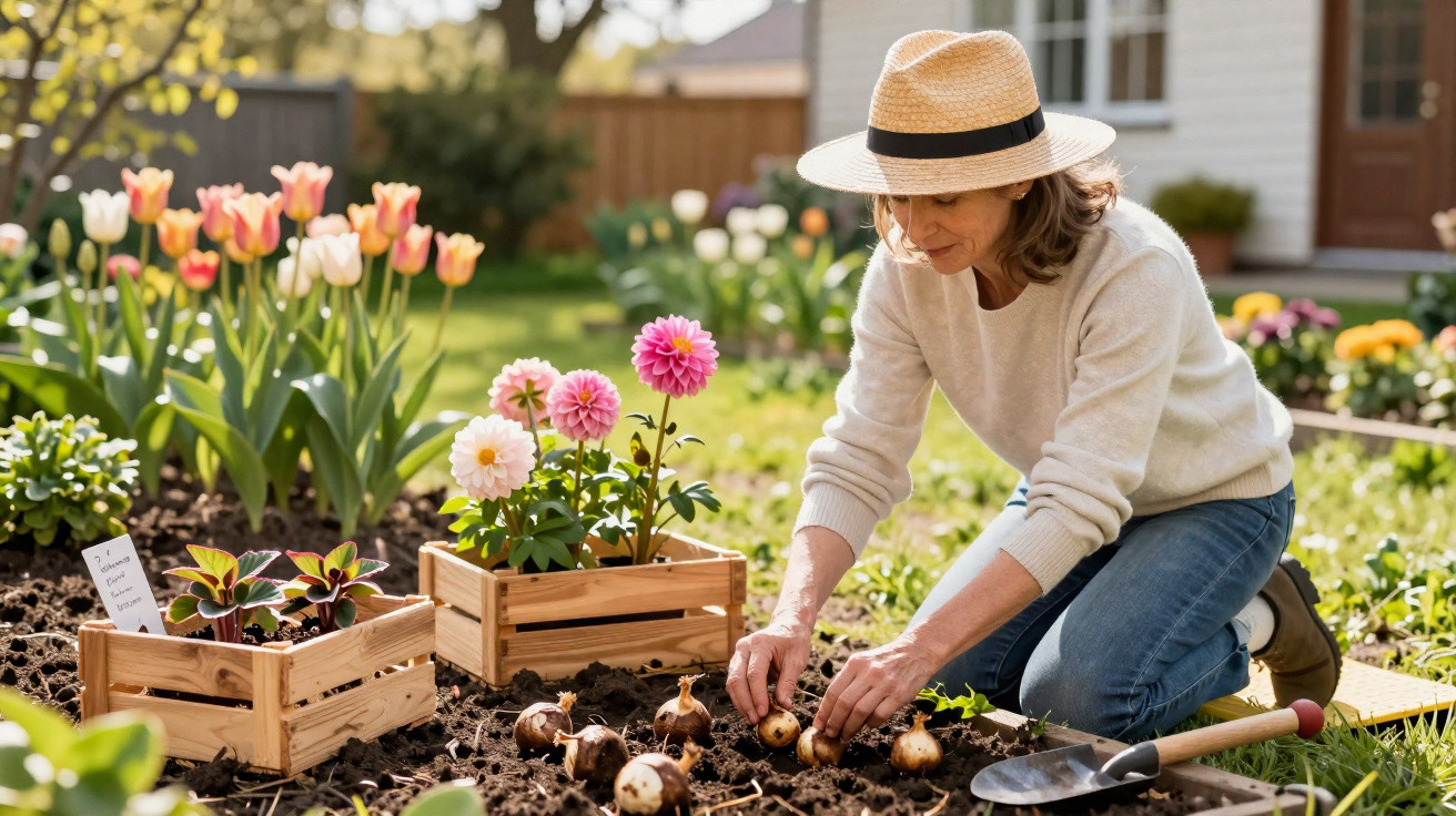 Mulher de chapéu a plantar bulbos num jardim florido com tulipas e outras plantas ao fundo.