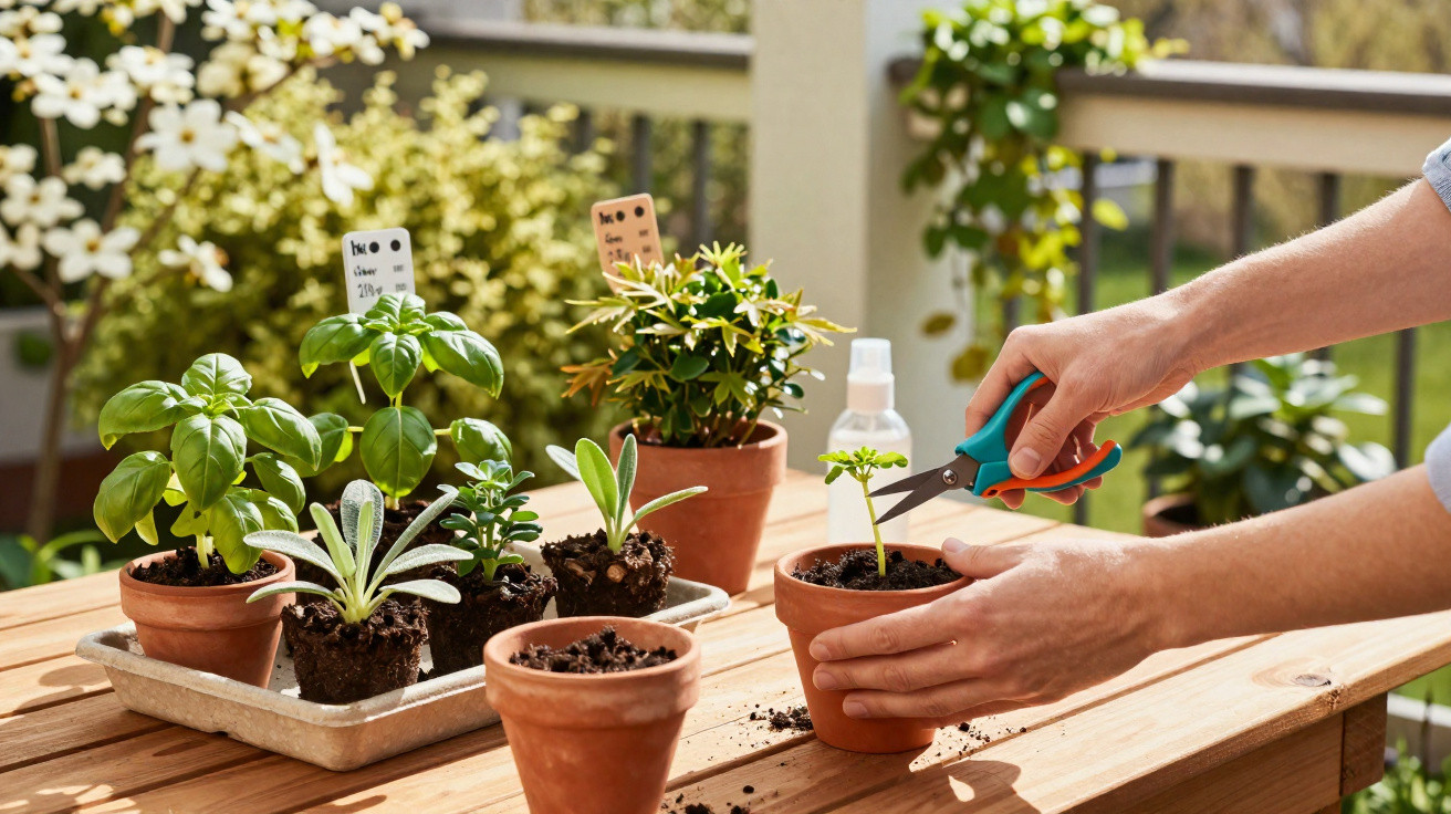 Pessoa a podar planta jovem em vaso de barro num jardim com plantas em vasos e etiquetas.