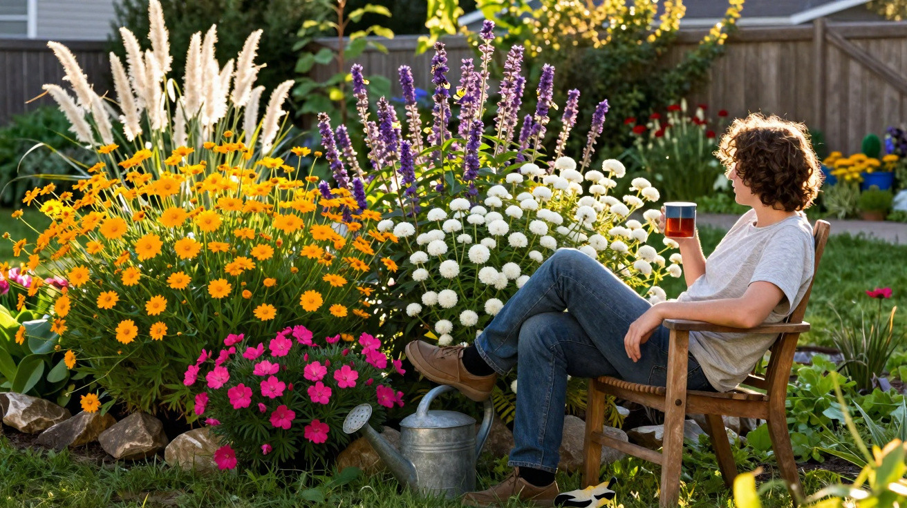 Pessoa sentada numa cadeira de jardim a beber chá junto a várias flores coloridas numa área ajardinada.