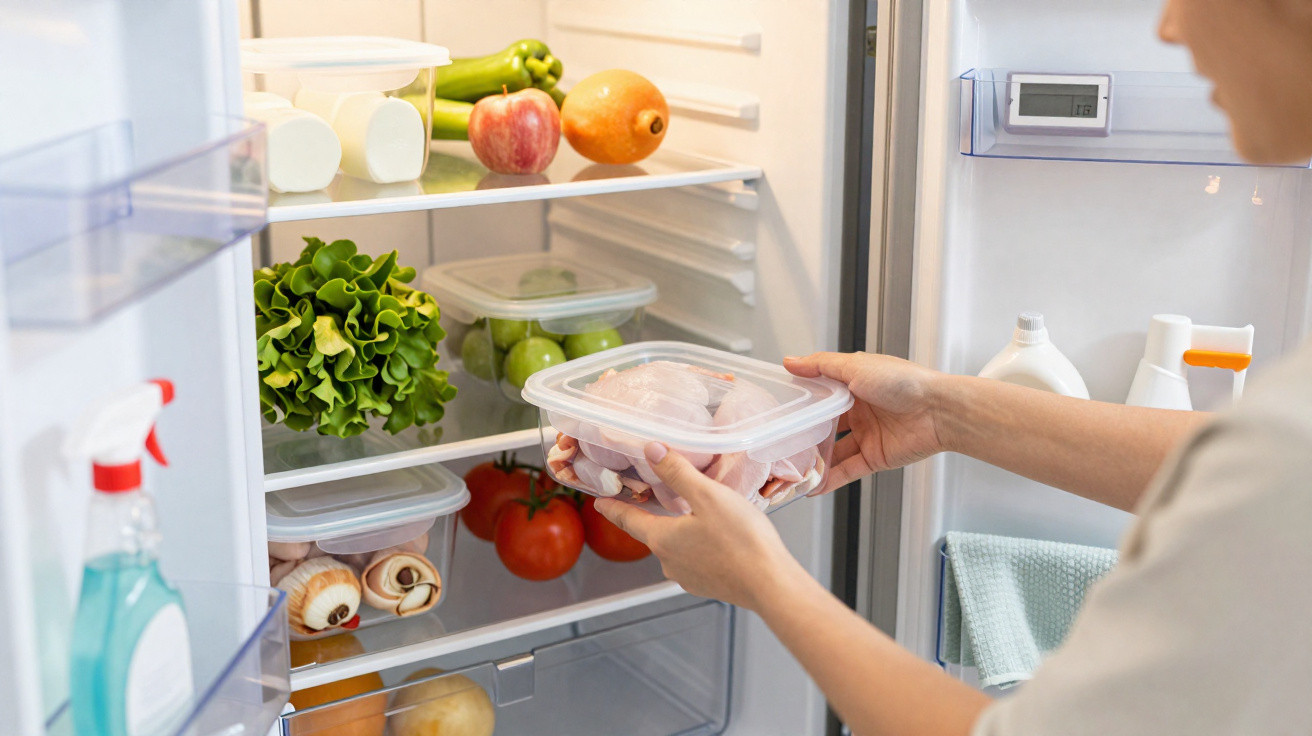 Pessoa a guardar frango cru num recipiente dentro de frigorífico aberto com legumes e frutas.