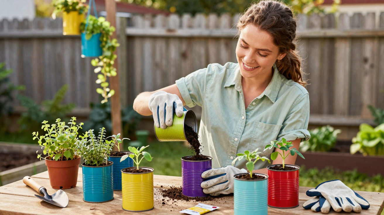 Mulher a plantar mudas em latas coloridas num jardim, sorrindo e a usar luvas de jardinagem.