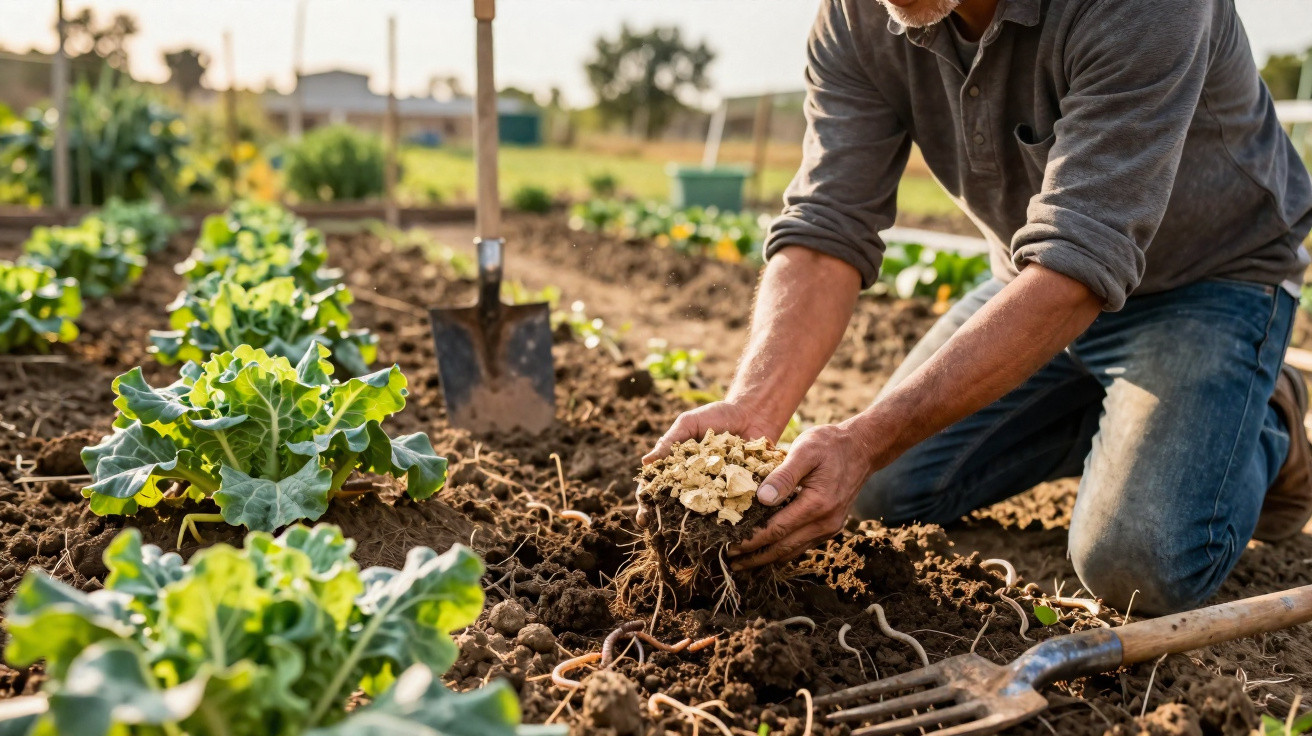 Homem a plantar couves no solo fértil num campo agrícola ao ar livre ao entardecer.