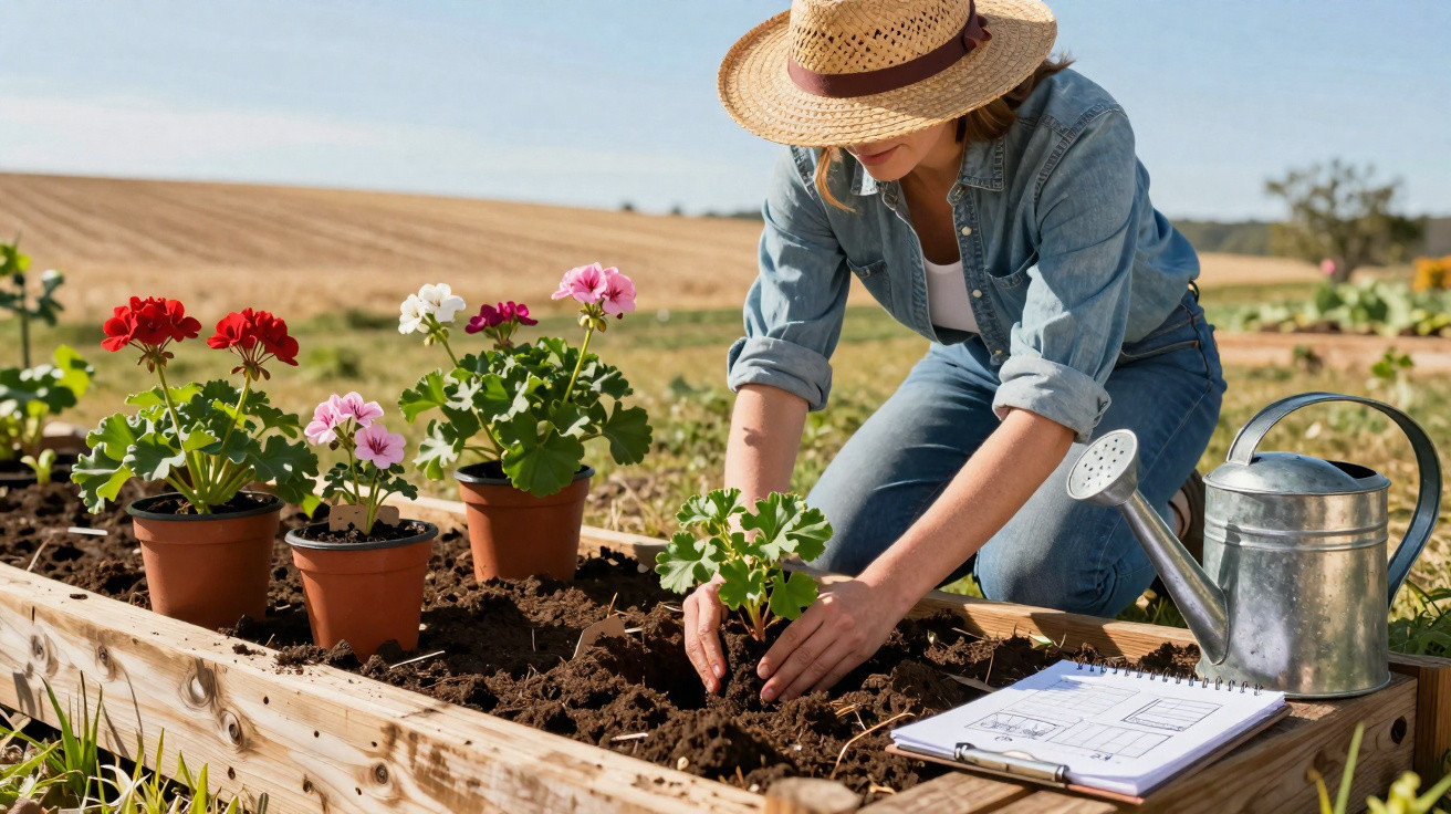 Mulher a plantar flores num canteiro de madeira ao ar livre com regador e caderno ao lado.