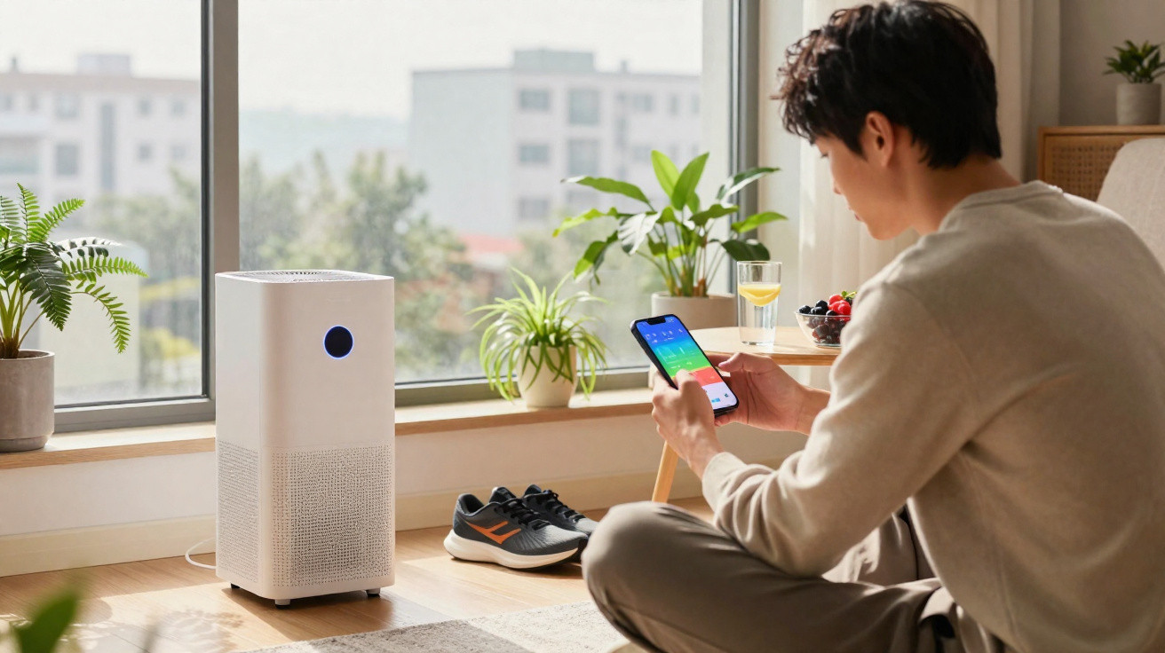 Pessoa sentada no chão controla purificador de ar com smartphone numa sala iluminada e plantas junto à janela.