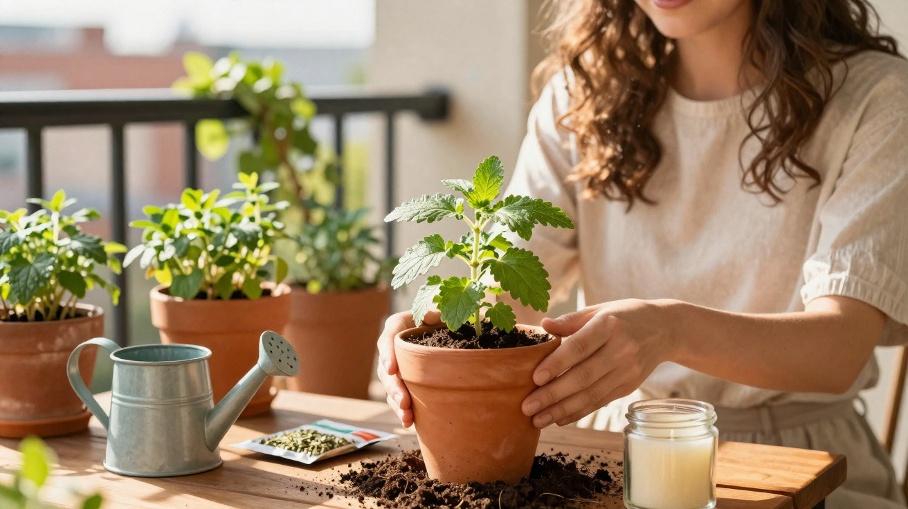 Mulher a cuidar de planta em vaso de barro numa varanda com várias plantas e um regador metálico.