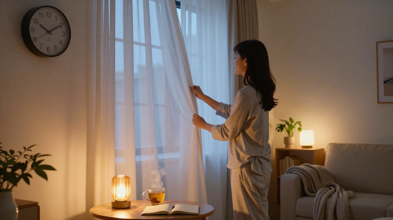 Mulher de pijama a abrir cortinas numa sala acolhedora com luz suave ao amanhecer.
