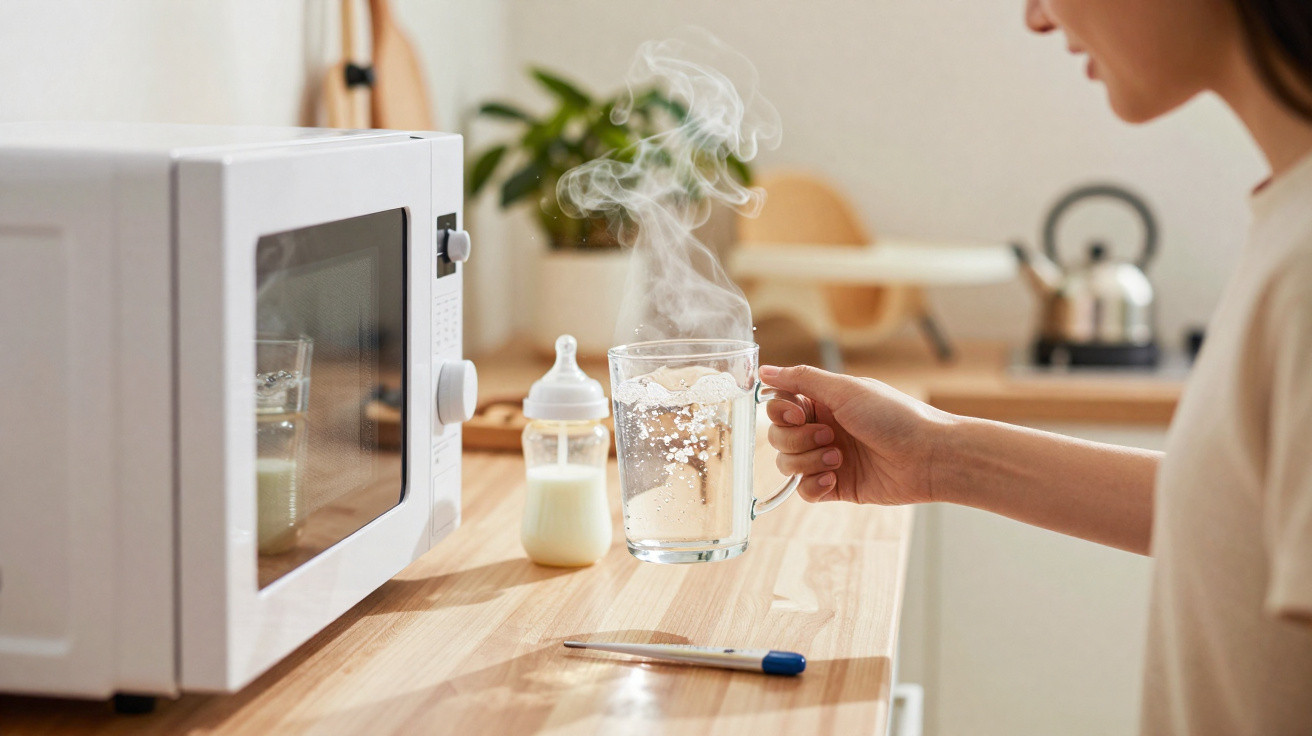 Pessoa a segurar chávena de água quente a vapor numa cozinha, com micro-ondas, biberão e termómetro na bancada.