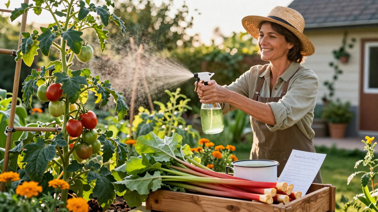 Mulher a pulverizar plantas num jardim, com chapéu de palha e cesta com legumes e lista de tarefas.