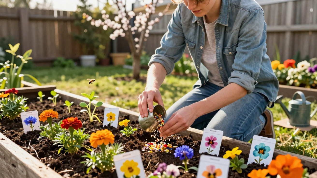 Pessoa a semear flores num canteiro de jardim com etiquetas coloridas das plantas.