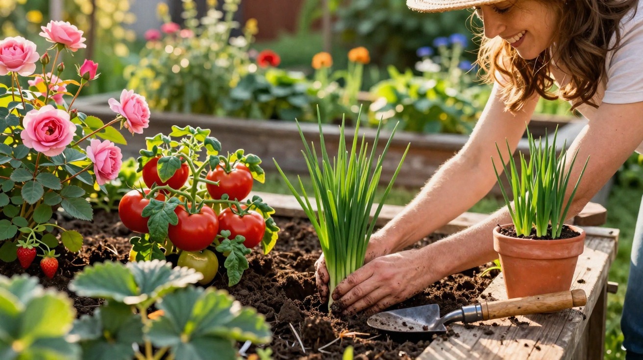 Mulher a plantar cebolas verdes num jardim com tomates, rosas e morangos ao redor.
