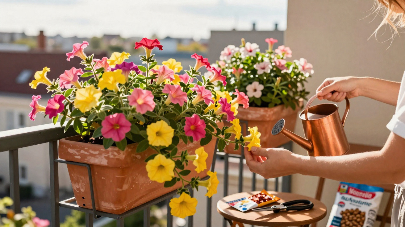 Pessoa a regar flores coloridas em vasos num terraço ao ar livre numa tarde ensolarada.