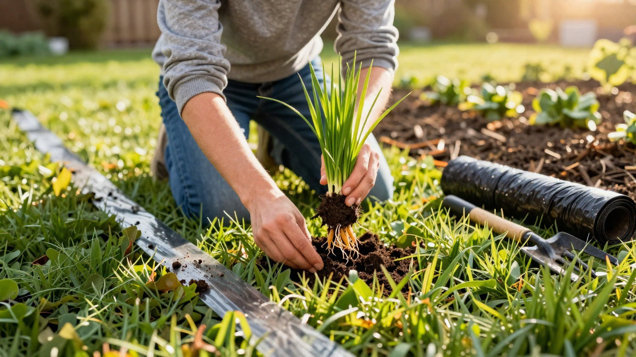 Pessoa a plantar uma muda de planta num jardim com ferramentas ao lado em dia ensolarado.