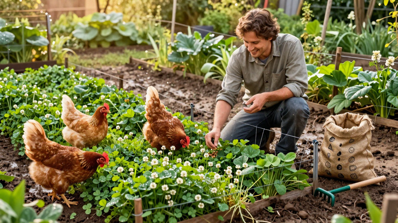 Homem jardineiro a cuidar de plantas enquanto três galinhas cospem no canteiro de legumes.