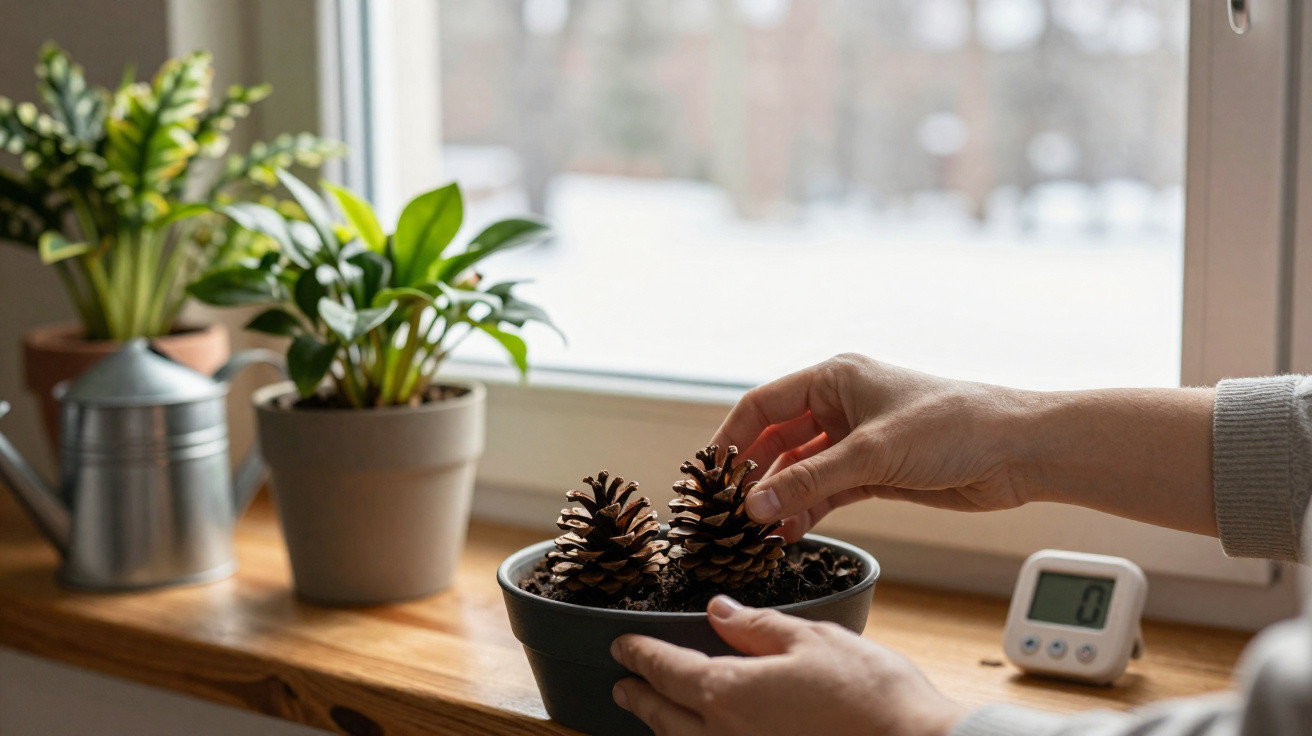 Mãos a arranjar pinhas num vaso perto de plantas e um temporizador numa janela iluminada pela luz natural.