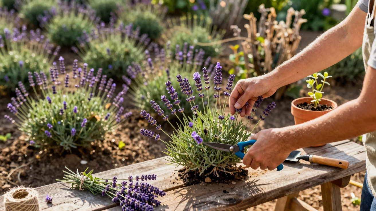 Pessoa a cortar flores de lavanda num jardim ensolarado com várias plantas em vasos e solo.