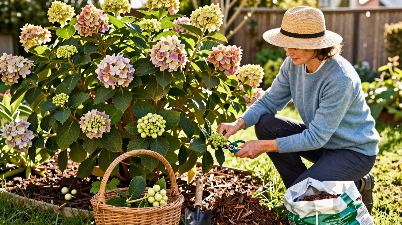 Mulher com chapéu de palha a cortar flores num jardim com rega e cesta de vime ao lado.