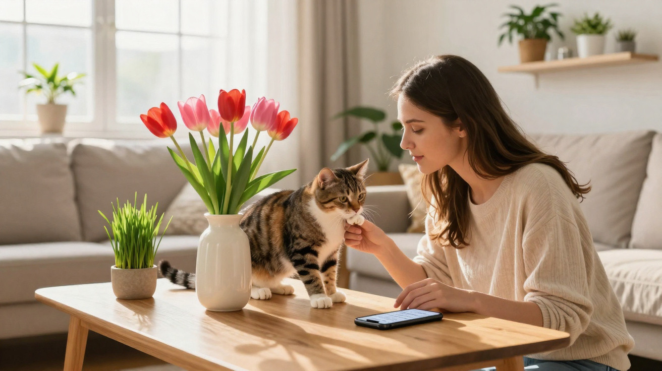 Mulher acaricia gato sobre mesa de madeira com flores em vaso e smartphone numa sala iluminada.