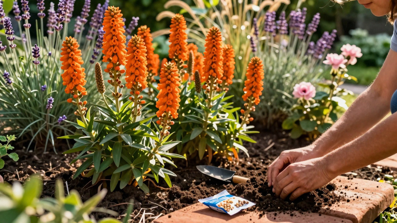 Pessoa a plantar sementes num jardim com flores laranja, lavanda e rosas ao fundo.