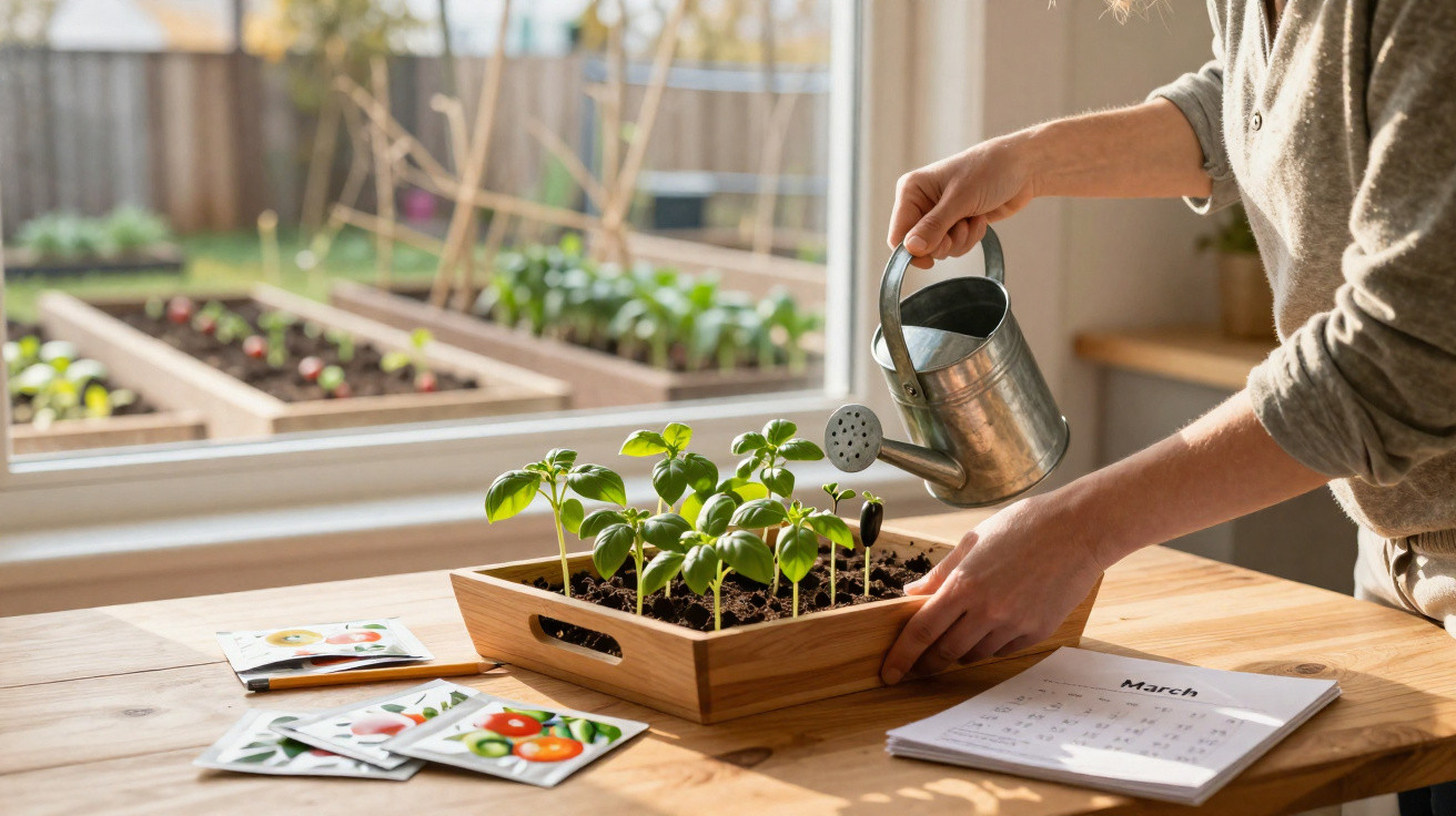 Pessoa a regar mudas de plantas numa caixa de madeira, com calendário e pacotes de sementes na mesa.