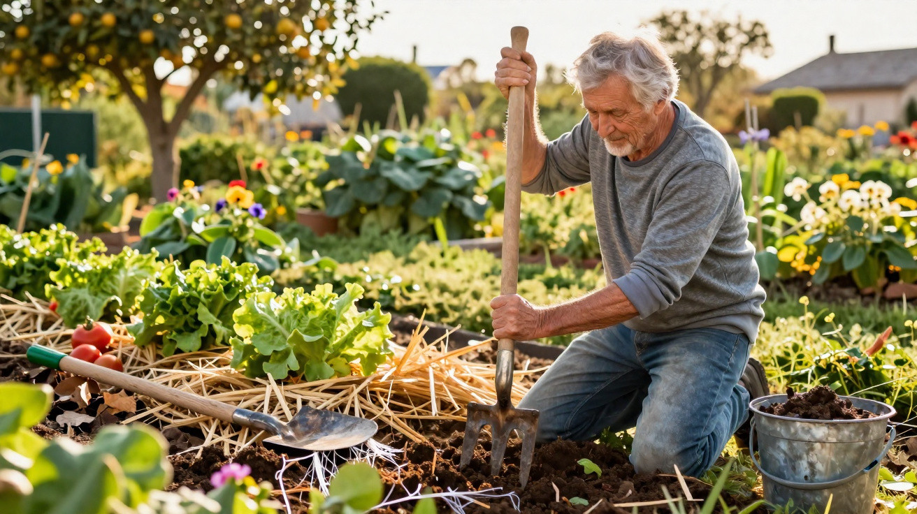 Homem idoso a cultivar um jardim com alface e flores, a usar enxada e a trabalhar a terra ao ar livre.