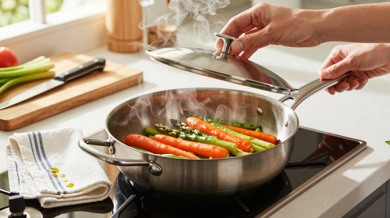 Mãos a levantar tampa de panela com cenouras e espargos a cozinhar numa placa de indução na cozinha.