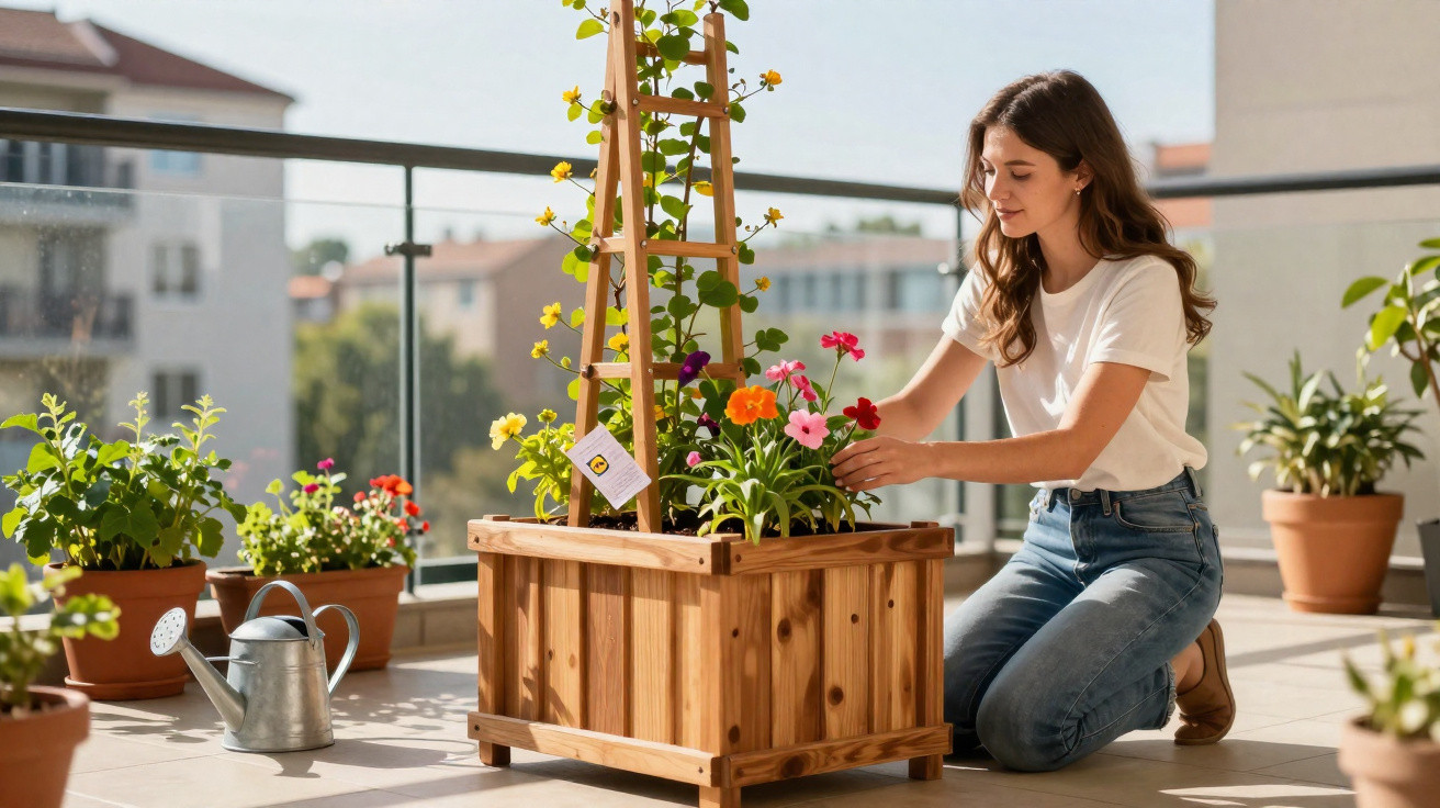 Mulher a cuidar de flores coloridas numa caixa de madeira numa varanda ensolarada.