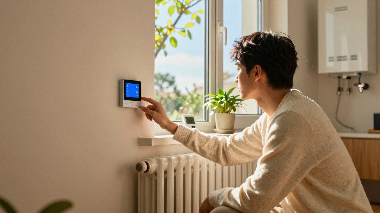 Homem ajusta termostato digital numa parede perto de radiador numa divisão iluminada por luz natural.