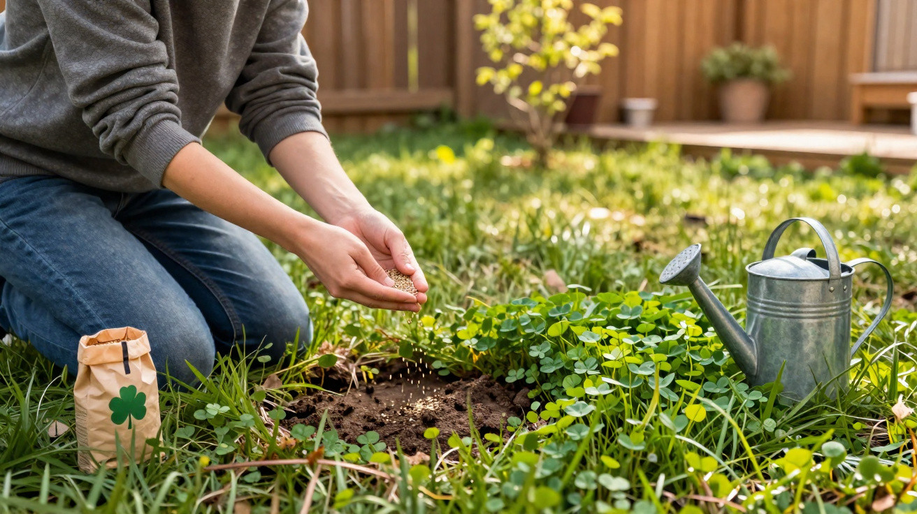 Pessoa a semear sementes num jardim com regador metálico ao lado e saco de sementes na relva.