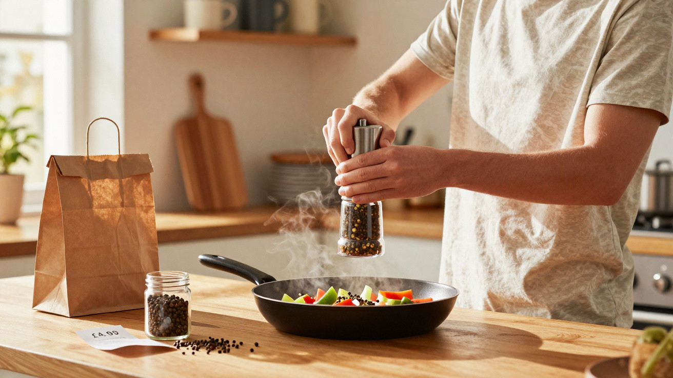 Pessoa a temperar legumes numa frigideira numa cozinha iluminada e moderna.