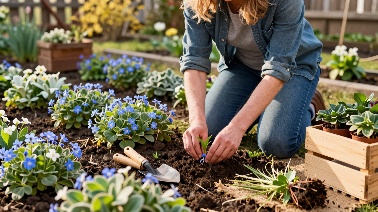 Pessoa a plantar flores azuis num jardim com ferramentas e plantas ao redor, num dia ensolarado.