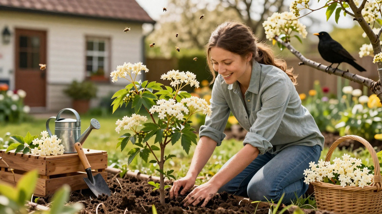 Mulher sorridente a plantar flores brancas num jardim com caixa, regador e cesto ao redor.