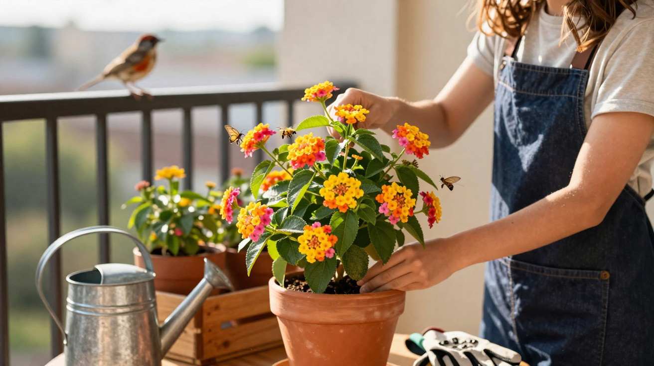 Pessoa a cuidar de flores coloridas num vaso de barro numa varanda com regador e pássaro ao fundo.