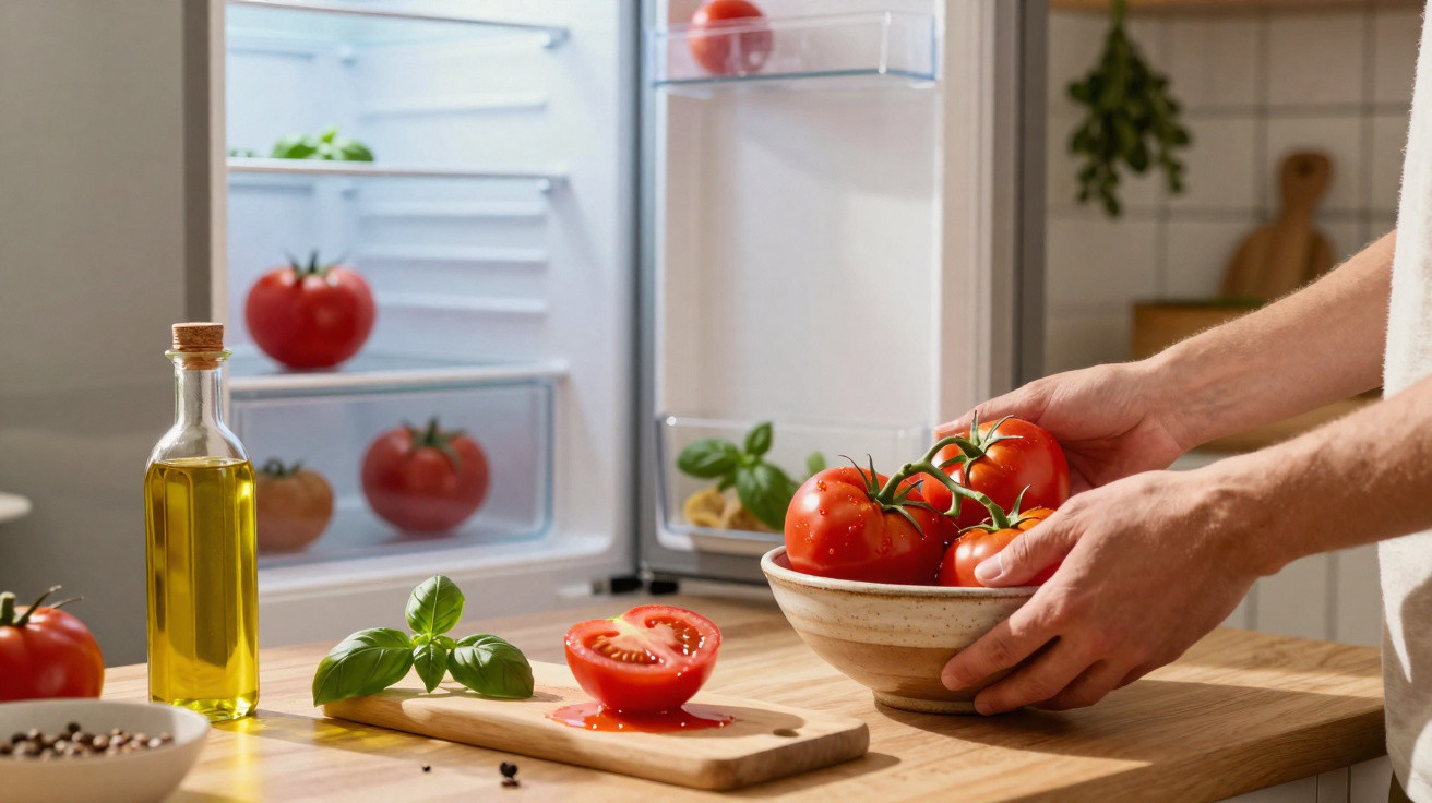 Frigorífico aberto com tomates dentro e pessoa segurando taça com tomates na cozinha.