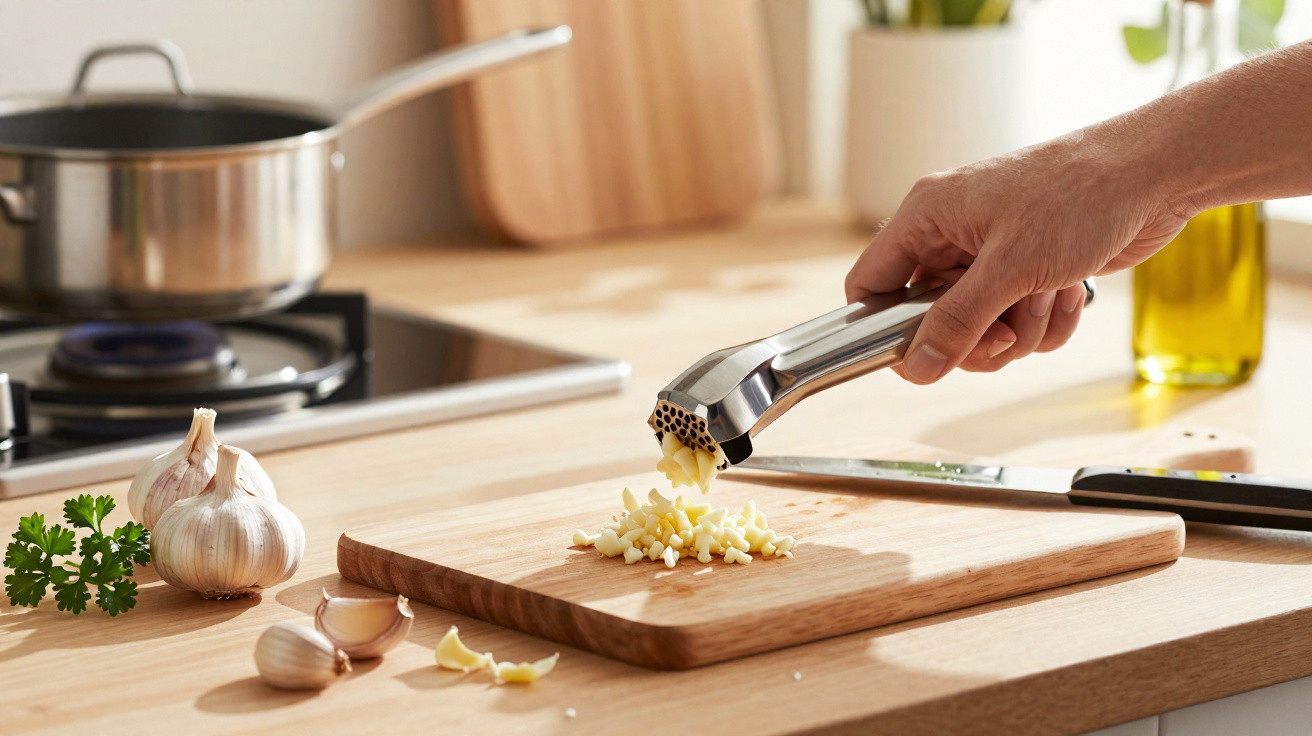 Mão a espremer alho com prensa sobre tábua de madeira numa cozinha moderna.
