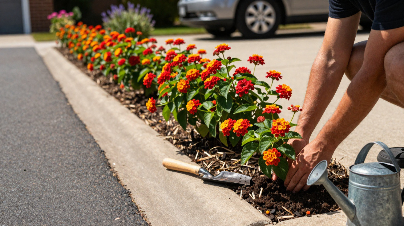 Pessoa a plantar flores vermelhas e amarelas numa vinha de flores junto a uma calçada urbana.