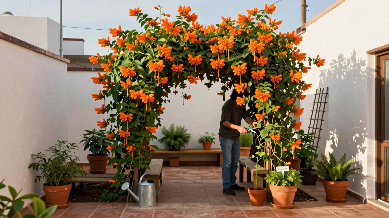 Pessoa a podar trepadeira com flores laranjas num pátio com vasos e bancos de madeira.