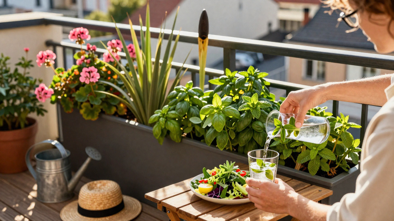 Pessoa a servir água com hortelã num copo, junto a uma mesa com salada e plantas num terraço ensolarado.