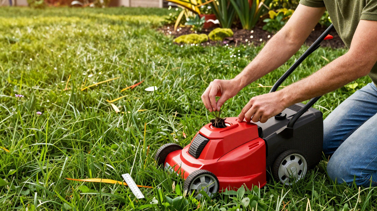 Pessoa a remover relva presa dentro de um corta-relvas vermelho num jardim com relva alta.