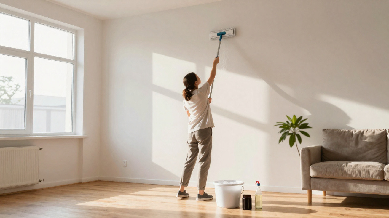 Pessoa limpa parede branca com esfregona numa sala iluminada, com sofá cinzento e planta.