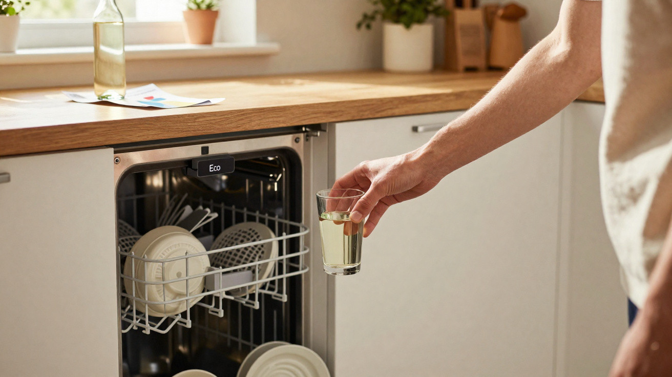 Pessoa a retirar copo da máquina de lavar loiça na cozinha moderna com bancada de madeira.