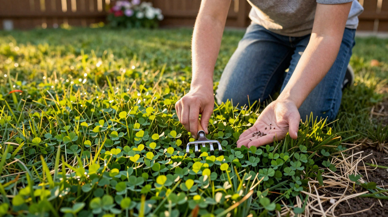 Pessoa de joelhos a preparar o solo com ferramenta pequena de jardim para semear sementes num relvado com trevo.