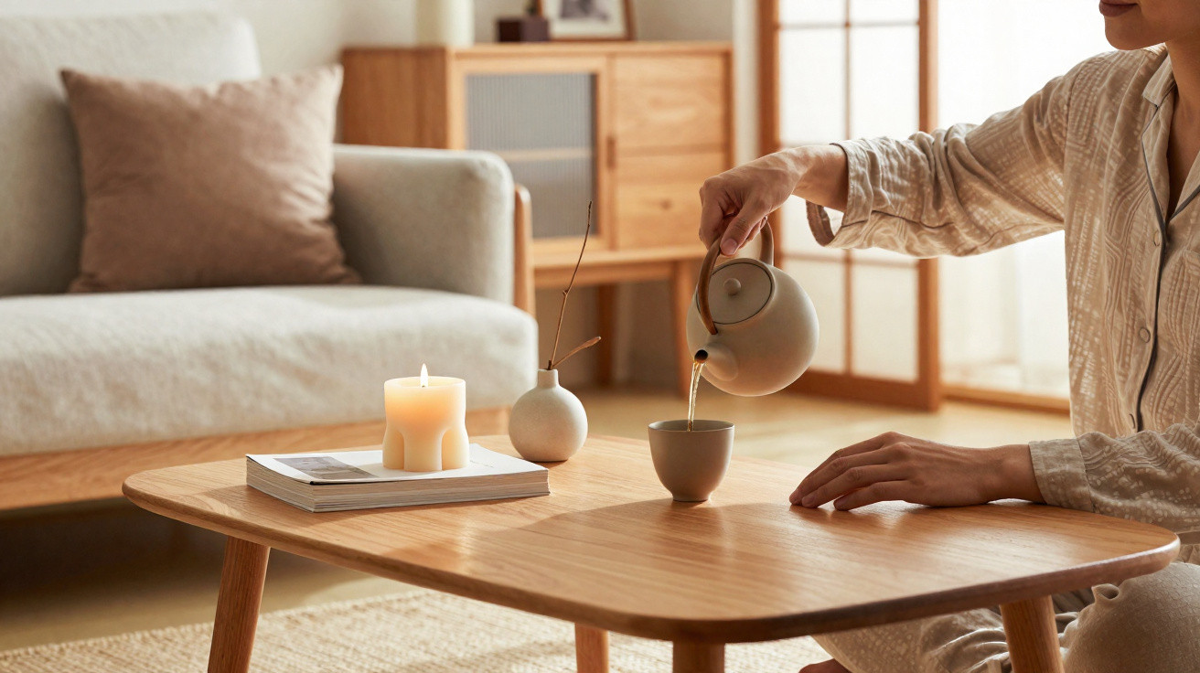 Pessoa a servir chá numa chávena sobre mesa de madeira com vela e almofada, num ambiente acolhedor.