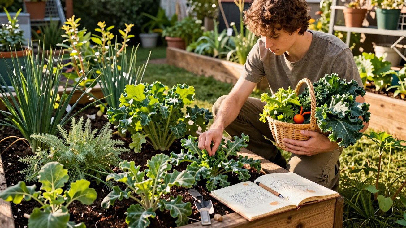 Jovem colhe verduras num jardim elevado com cesto e caderno aberto ao lado num dia solarengo.