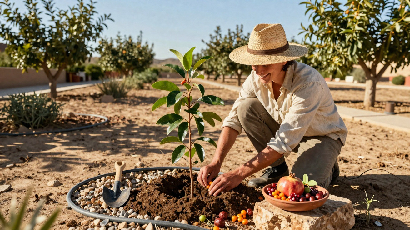 Pessoa a plantar uma árvore jovem num pomar, com chapéu de palha e frutos no chão e numa tigela.