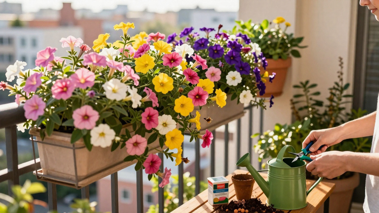 Varanda com vasos coloridos de flores e pessoa a cuidar delas com regador e tesoura de poda.